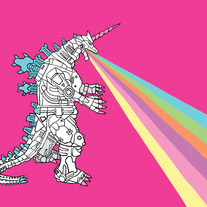 Mechagodzilla unicorn breathing rainbow, 5x7 print