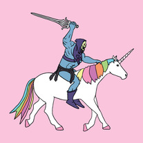 Skeletor riding unicorn, 8x8 print