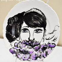  Hand Painted Vintage Plate, Fashion Illustration, The Girl Behind the Purple Roses