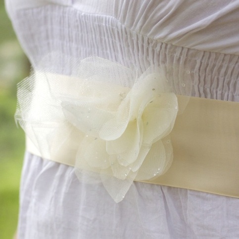 Bridal Sash with Organza and Tulle Flowers