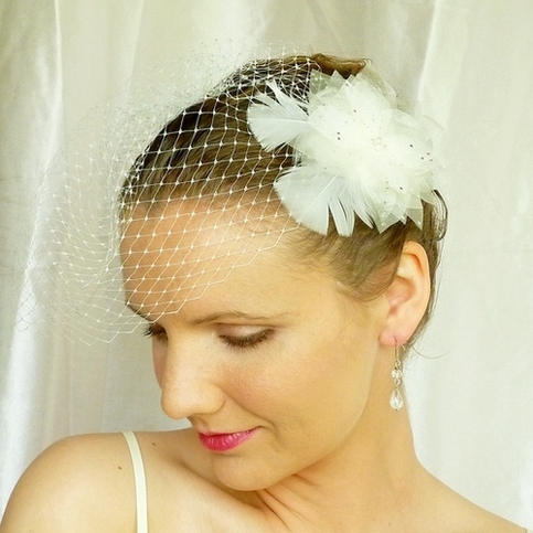 Ivory Flower Bridal Veil Fascinator with Swarovski Crystals and Marabou Feathers
