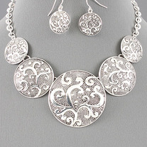 Chunky Silver Graduated Scrollwork Coin Link Necklace & Earring Set