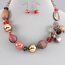 Rustic Wood, Copper & Crystal Crimson Eclectic Beaded Necklace w/FREE Earrings