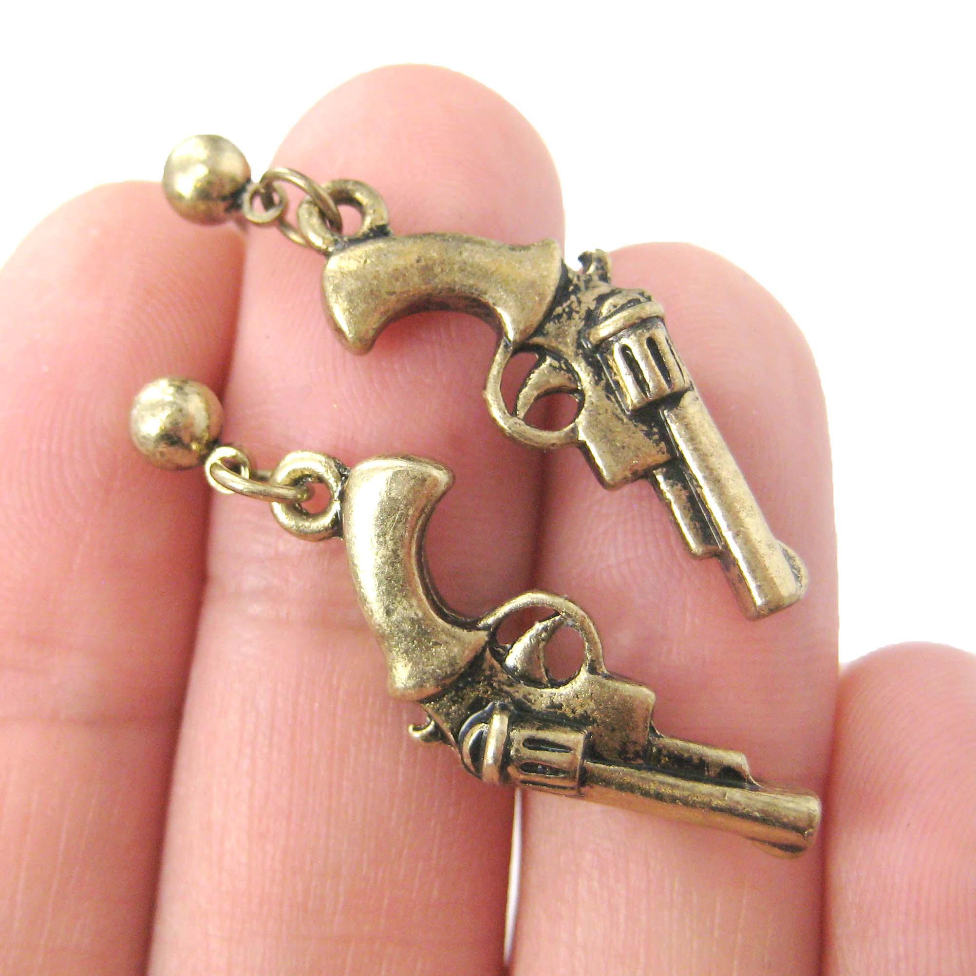 Detailed Revolver Gun Pistol Shaped Small Dangle Stud Earrings in