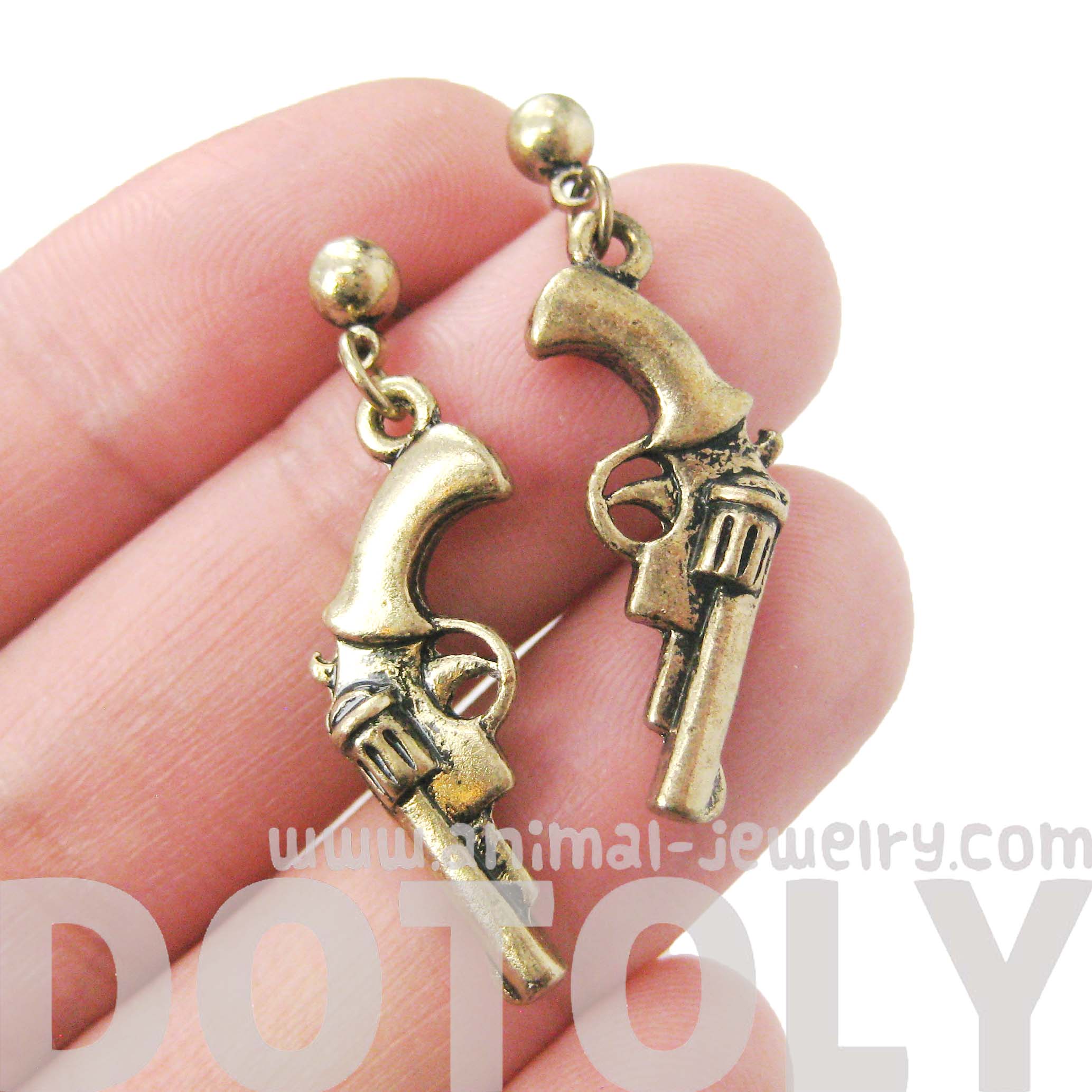 Detailed Revolver Gun Pistol Shaped Small Dangle Stud Earrings in Bronze · DOTOLY Animal Jewelry