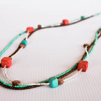 Teal, Mint, Coral and Brown Multi-Strand Wood Beads Necklace/Bracelet
