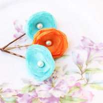 Aqua and Tangerine - Set of 3 Flower Bobby Pins