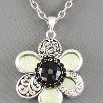 Chunky BOLD Whimsical Lime & Black Silver Daisy Scroll Pendant & Necklace Set