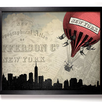 Image of Hot Air Balloons Over New York Ephemera Antique Illustration 8 x 10