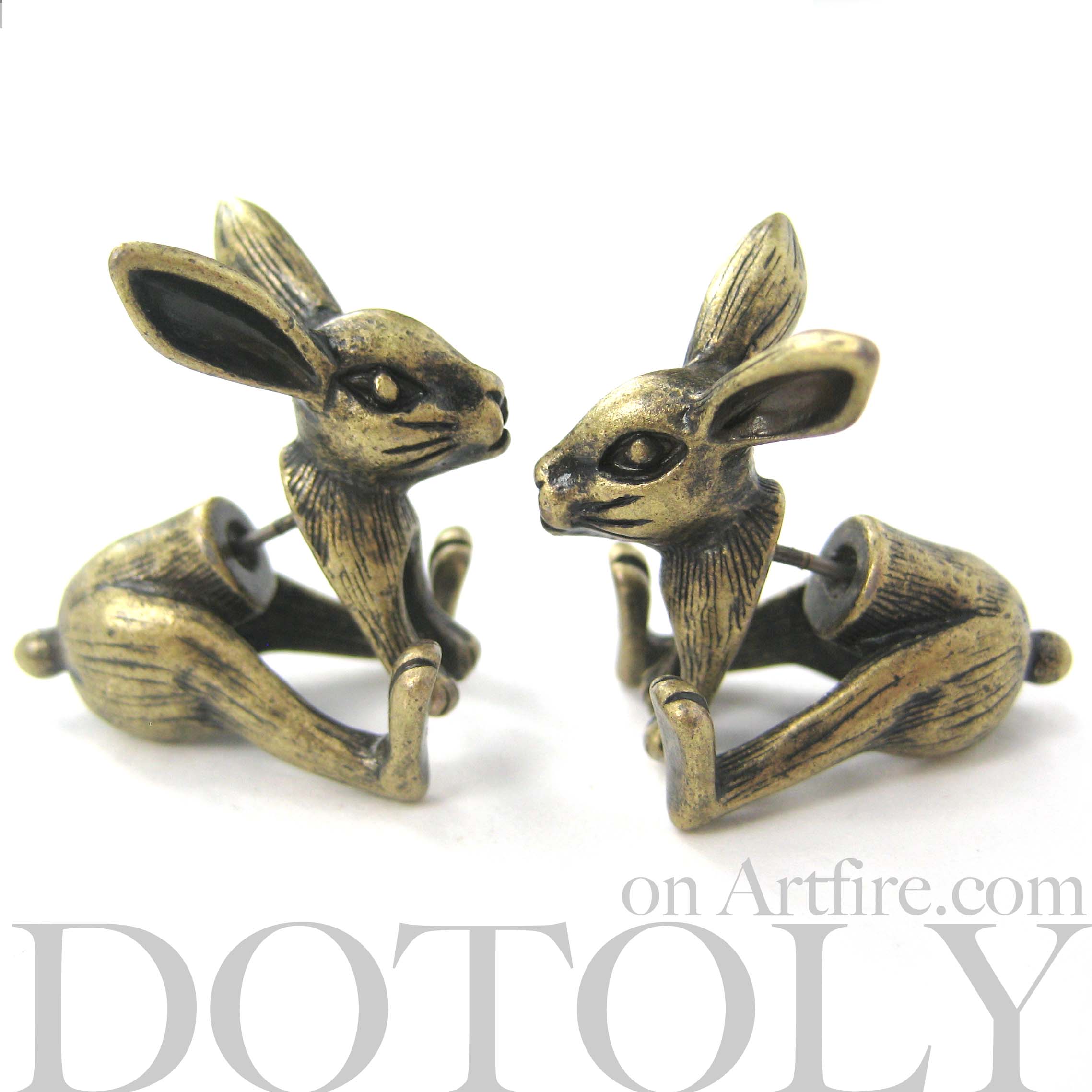 3D Fake Gauge Realistic Bunny Rabbit Animal Stud Earrings in Bronze