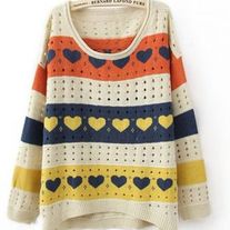 Colorful Stripes and Heart Print Curved Hem Long Sleeve Sweater