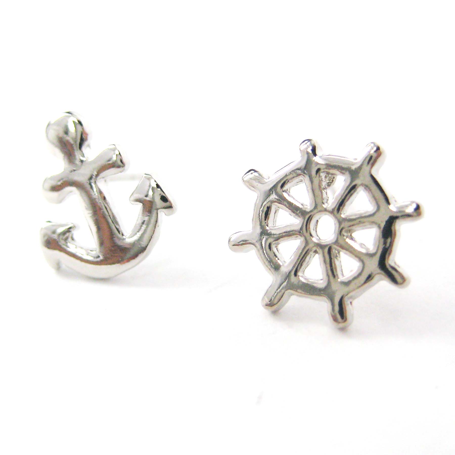 Small Anchor and Wheel Nautical Stud Earrings in Silver on Storenvy