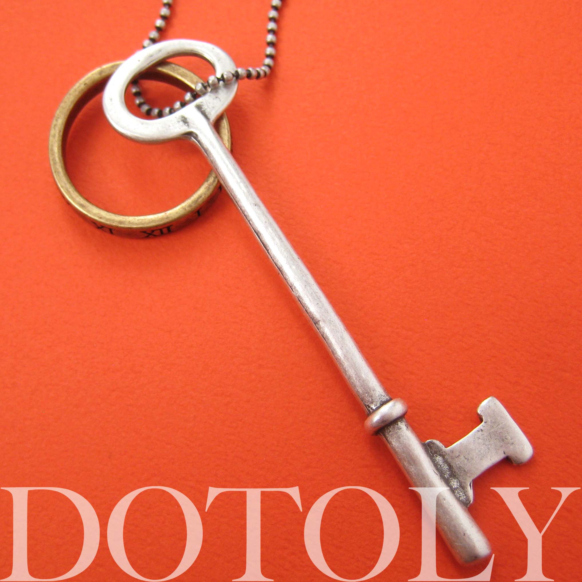 Antique Skeleton Key and Number Ring Charm Necklace in Silver · DOTOLY