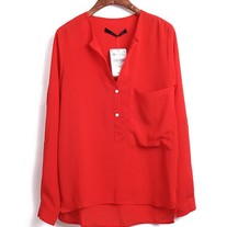 Red High Low Blouse with V Neckline