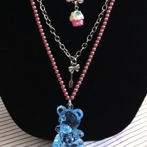 Blue Cupcake Teddy Gummy Bear Pendant Pink Pearl Multi Chain Necklace Lolita Tea Party