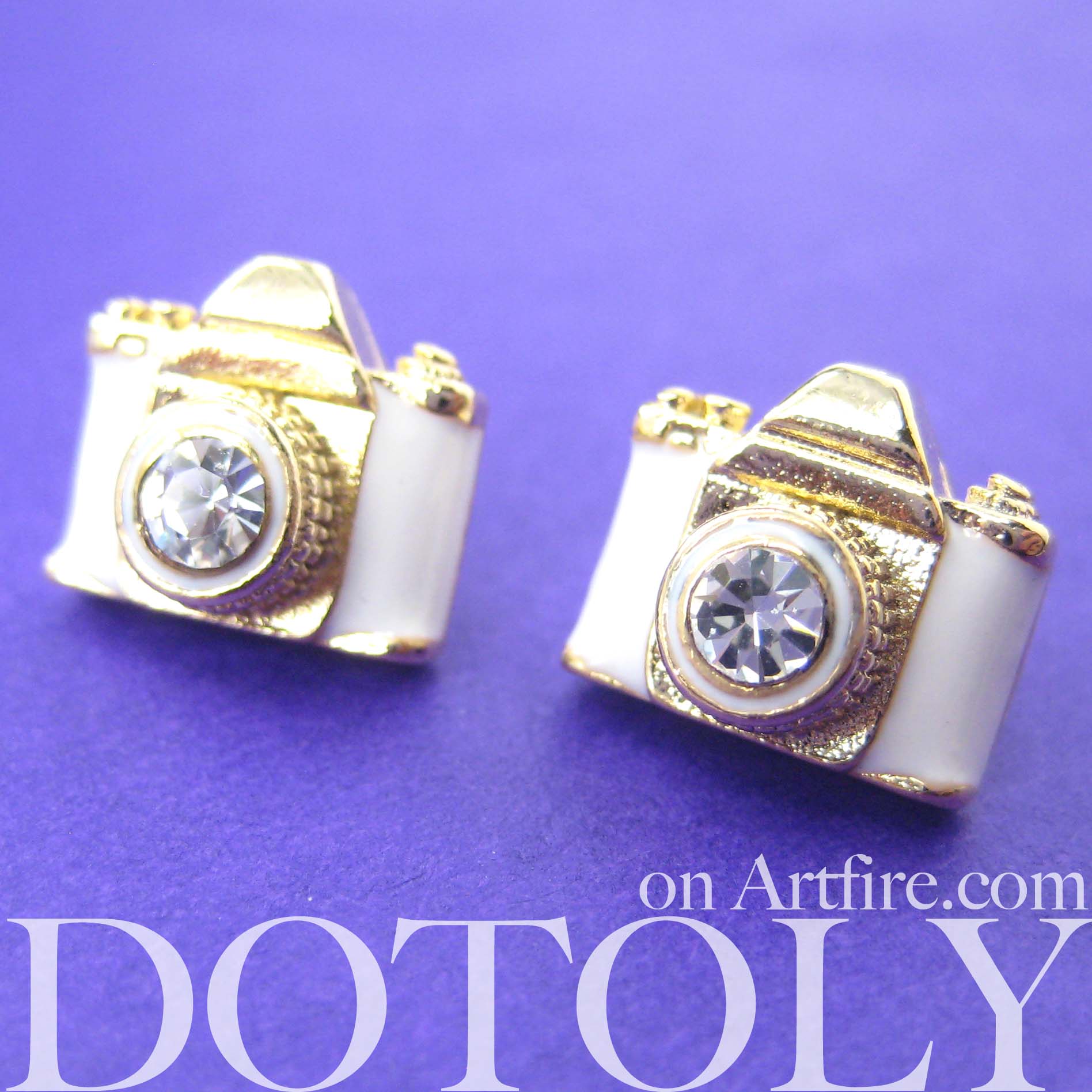 Tiny Camera Stud Earrings in White on Gold with Rhinestone Lens on Storenvy