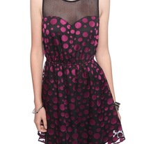 In Small or Med - Forever21 black purple polka-dot sleeveless netted round neck mini dress