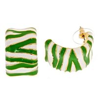 Colorful Apple Green & White Enamel Preppy ZEBRA Gold HOOP EARRINGS