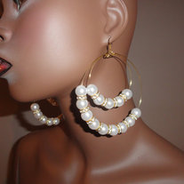 Large Gold Hoops with Acrylic Pearls and Clear Rhinestone Beads