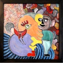 figure and  a rooster - original oil painting