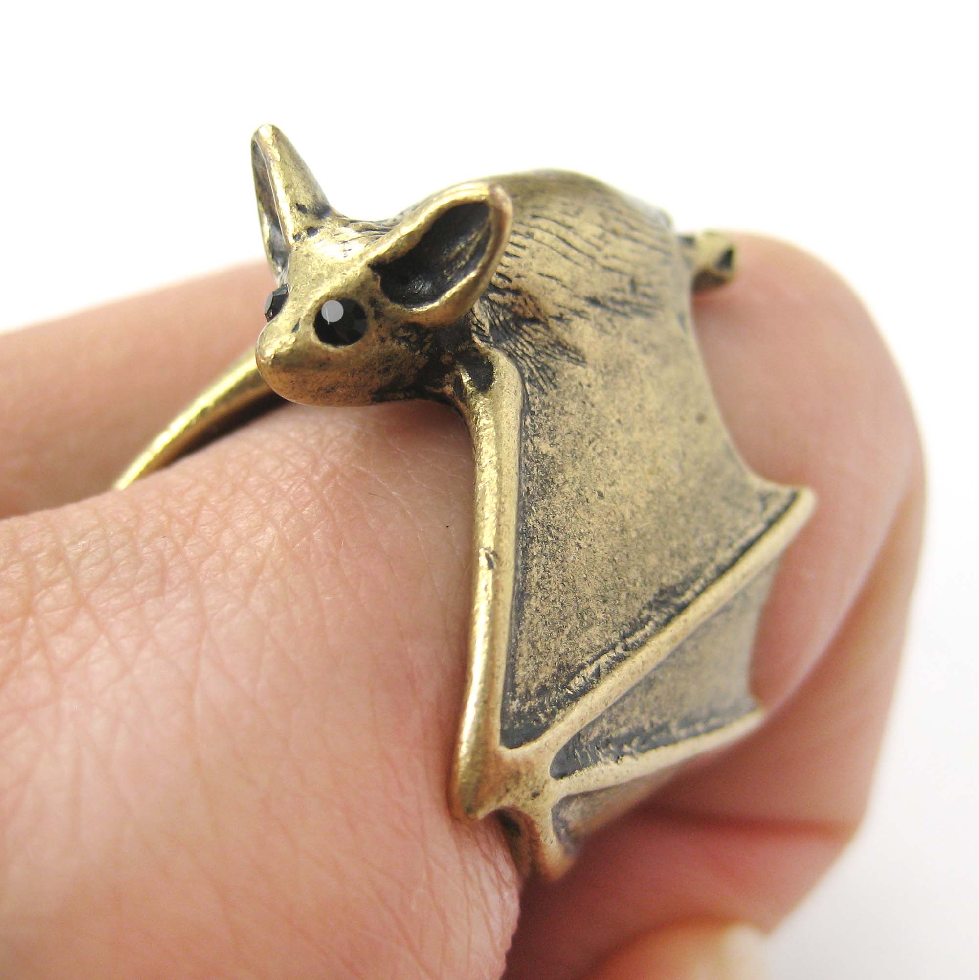 Adjustable 3D Bat Wings Wrap Around Animal Ring In Matte Brass Bronze 