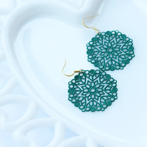 Emerald Green Medallion Shaped Filigree Earrings