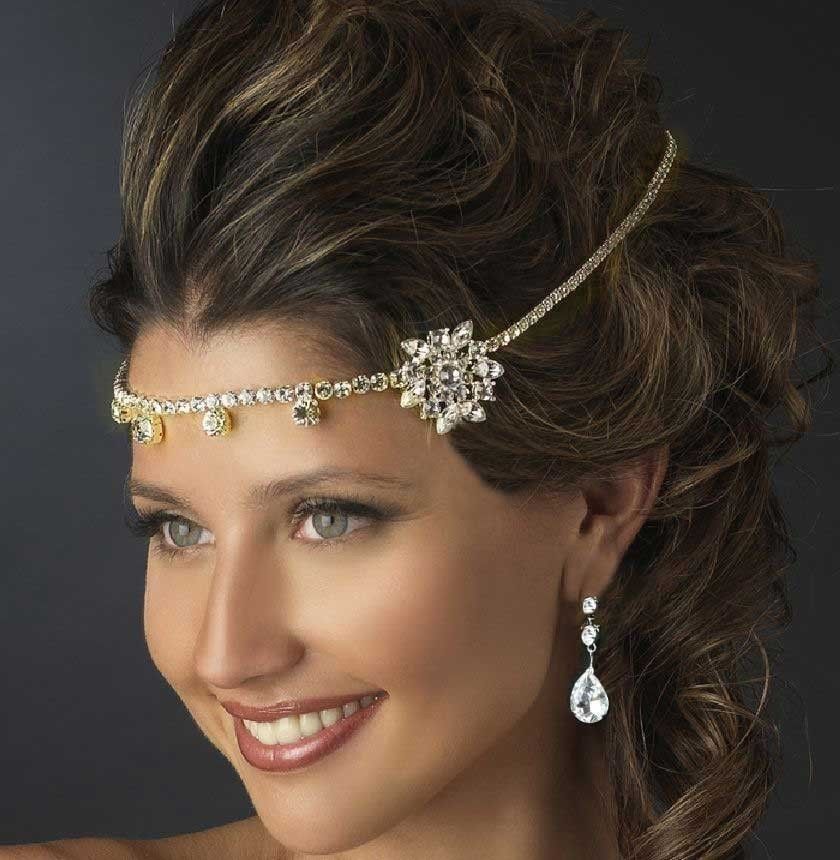 WEDDING BRIDAL DANGLE DROP BRIDE HEAD RHINESTONE CRYSTAL GOLD HAIR