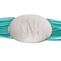 Sterling Silver Plate Cuff Style & AQUA Cord Monogram Engraved Bracelet with Toggle