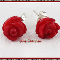 Carved Red Coral Valentine Roses Silver Earrings Studs