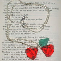 Giant Red Cherry Gem Rockabilly Necklace Green Leaf Pendant Silver Chain Charms