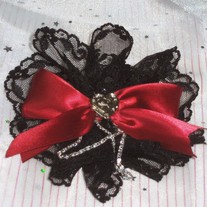 Red Gothic Satin Ribbon Black Lace French Barrette Silver Heart and Chain Big Hair Clip