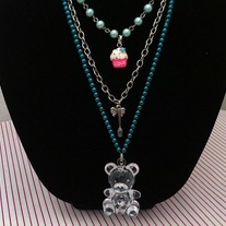 Blue Pink Cupcake Teddy Bear Pendant Blue Pearl Chain Layered Necklace