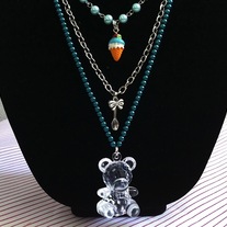 Teddy Bear Blue Pearl Chain Layered Ice Cream Cone Necklace