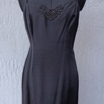 Black Wiggle Dress with embroidered flower neckline, Size 11