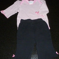 Pink/White/Black Stripe Onesie with Matching Pants/Heart on Bottom-Baby by bon bebe Size 6-9 Months  CLM1