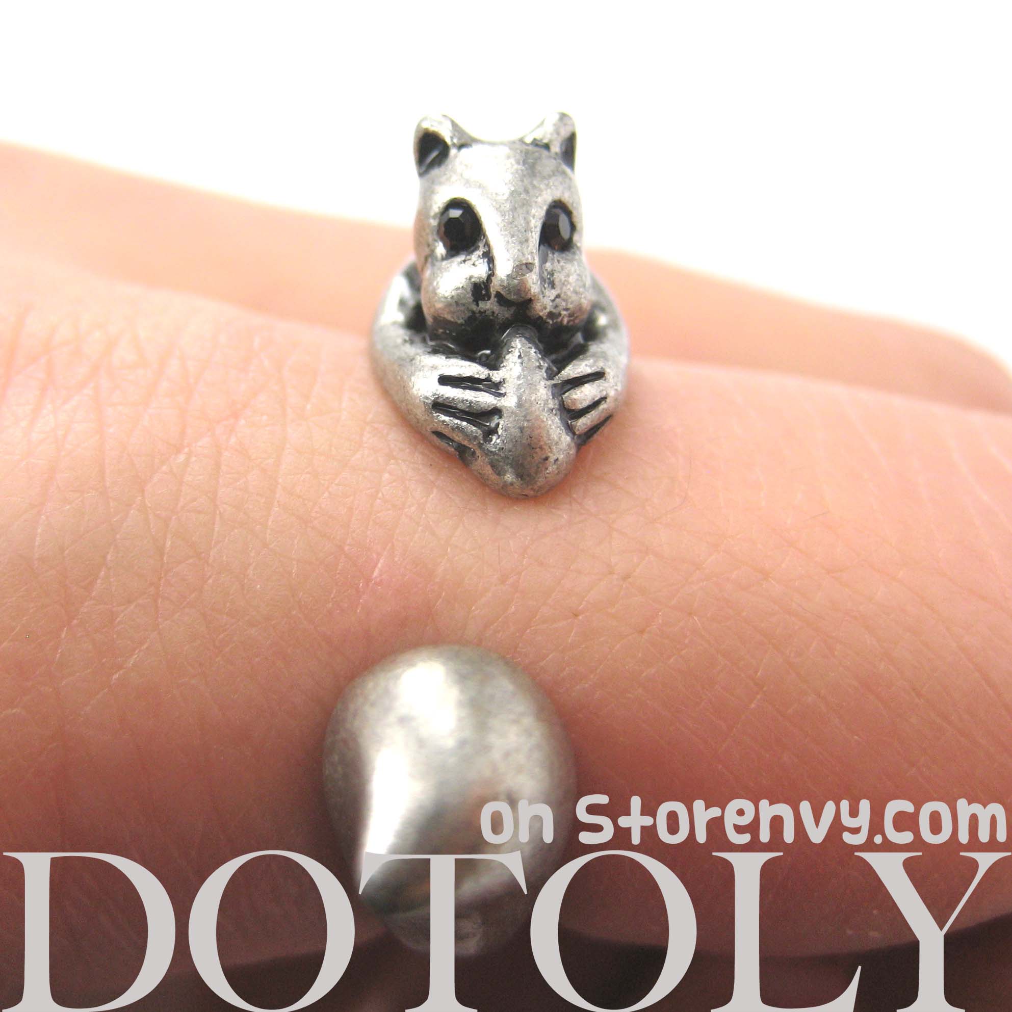 miniature squirrel chipmunk animal wrap ring in silver sizes 5 to size 5 ring