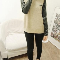Scoop Neck PU Leather Long Sleeve