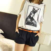 Printed Off Shoulder Sequin Embellished T-Shirt