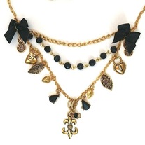 black stone gold chain fleur de lis leaf locket strawberry charm layered necklace