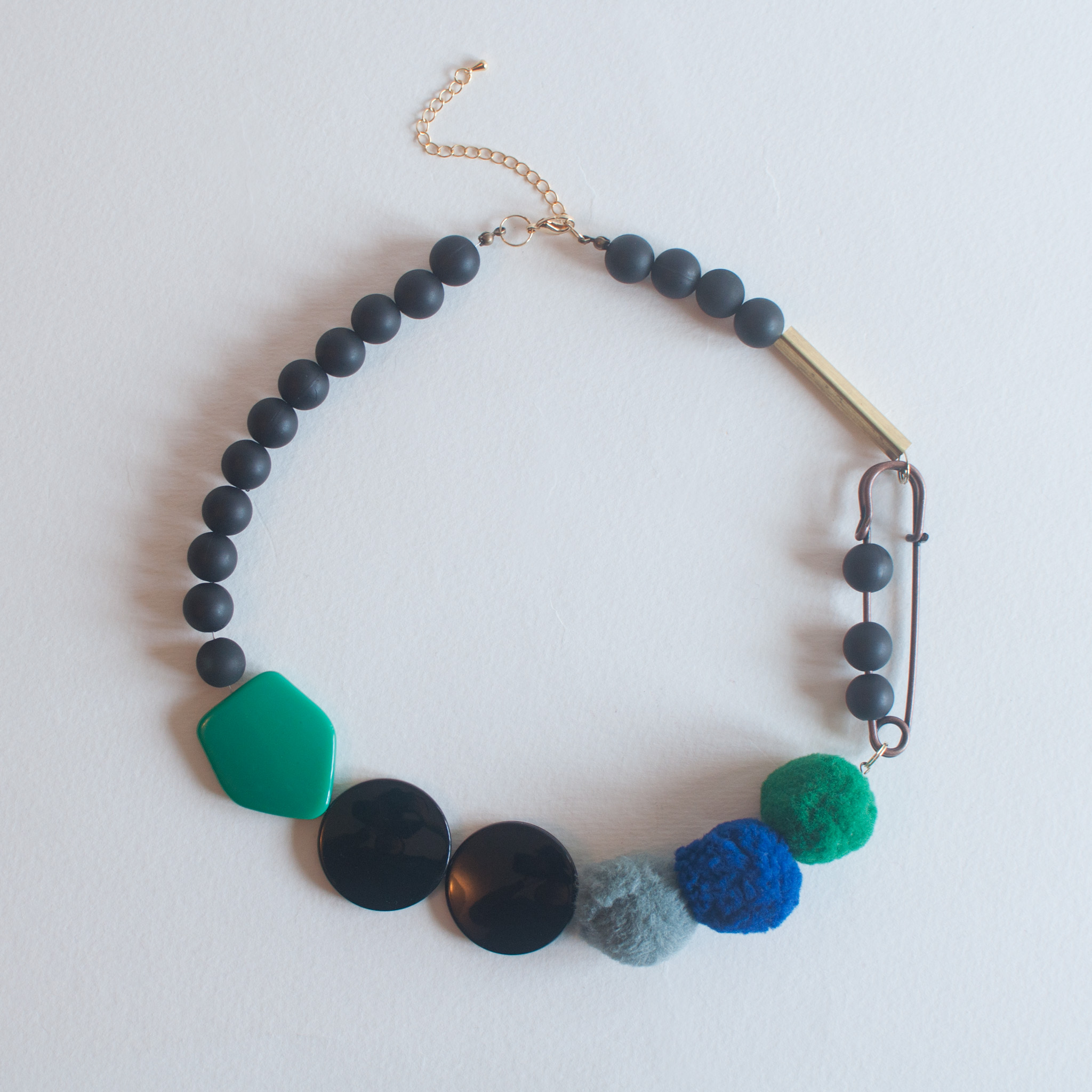 Felted Large Safety Pin Grey Green Blue Balls Necklace, Ribbon Necklace