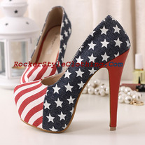 VINTAGE ALL AMERICAN REBEL STRIPS AND STARS STILETTO PUMPS 