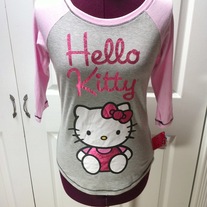 S pink foil metallic bow heather gray raglan tee long sleeve Hello Kitty t-shirt