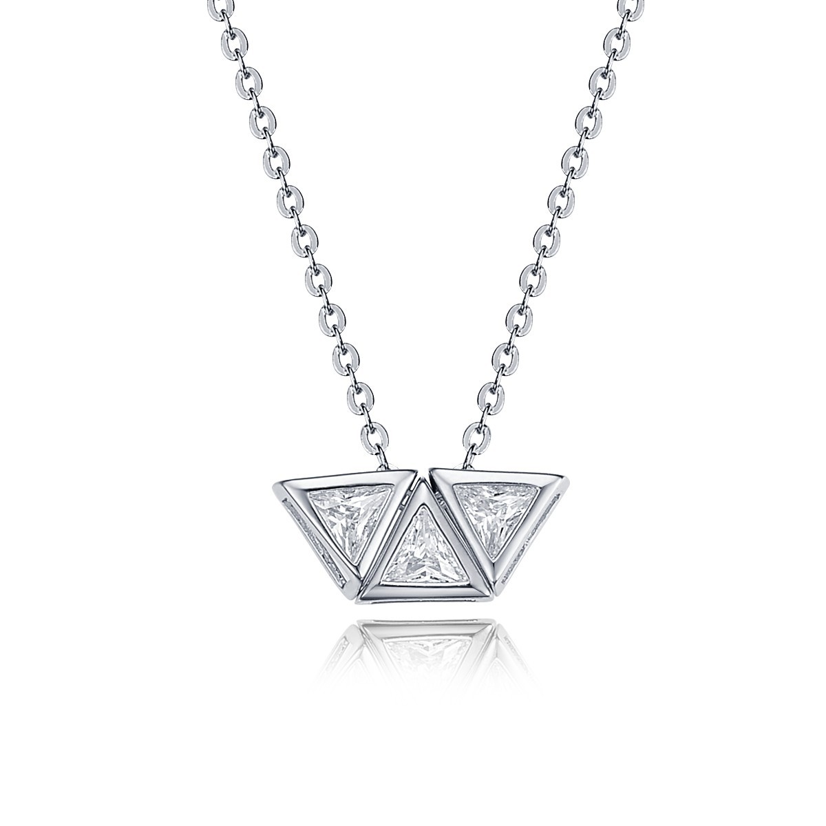 Women Sterling Silver Diamante Cubic Zirconia Triple Triangular Pendant Necklace Jewelry 18