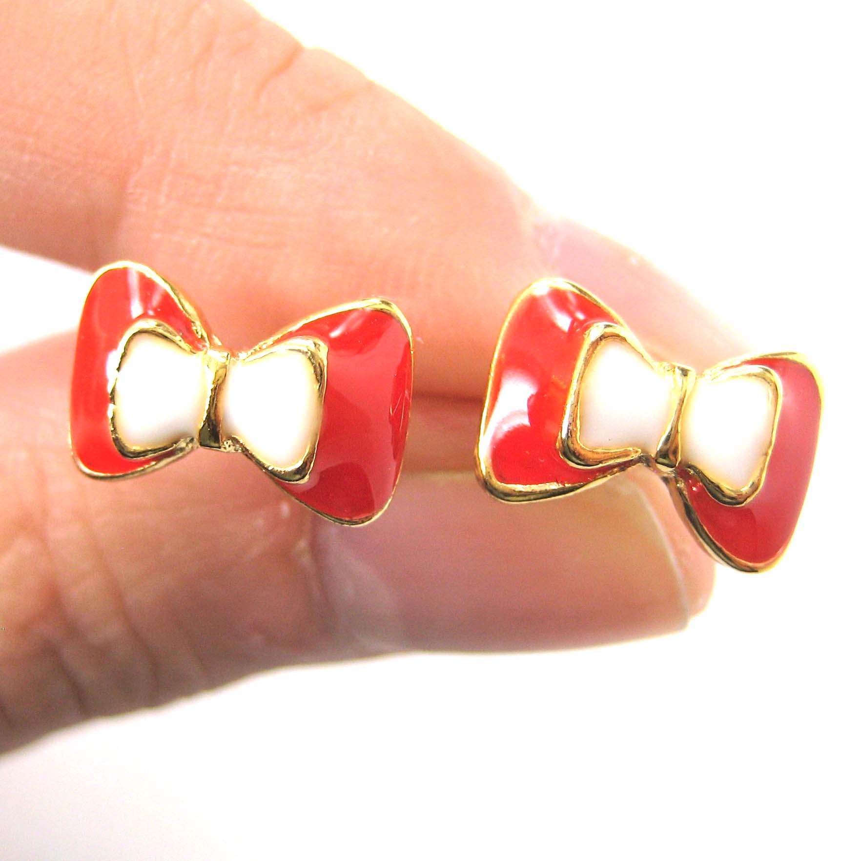 Small Bow Tie Ribbon Stud Earrings in Red White and Gold · DOTOLY