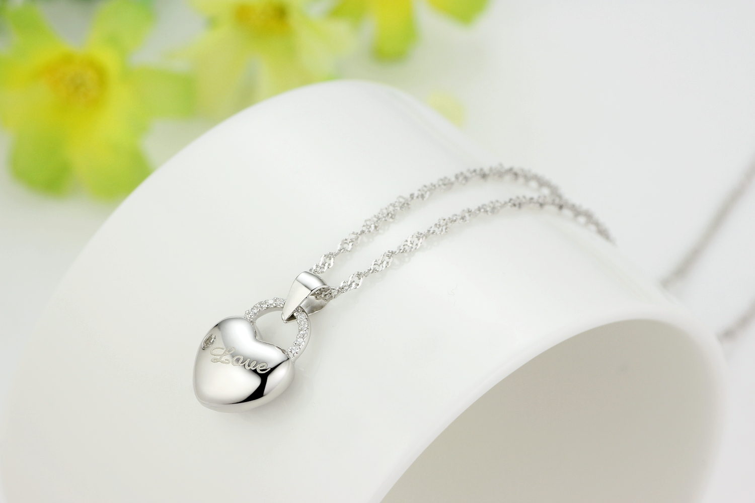 Sterling Silver Diamante Lock Shape Engraved Love Pendant Necklace ...