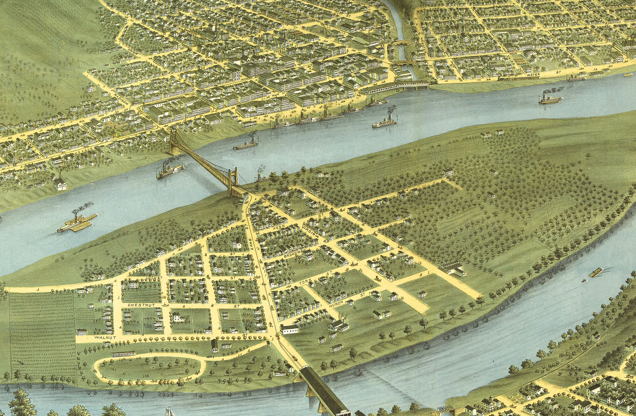 Wheeling, West Virginia in 1870 Bird's Eye View, Map, Aerial