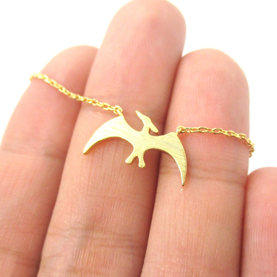 Flying Pterodactyl Dinosaur Shaped Animal Pendant Necklace in Gold
