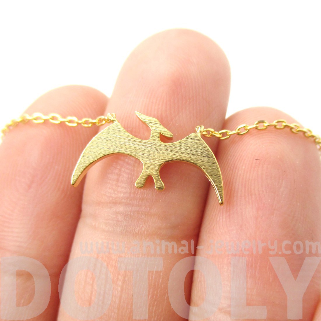 Flying Pterodactyl Dinosaur Shaped Animal Pendant Necklace in Gold