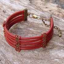 Red Leather and Antique Gold Cuff Bracelet