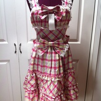 M-L pink yellow off-white tartan sleeveless bow lace rockabilly dress